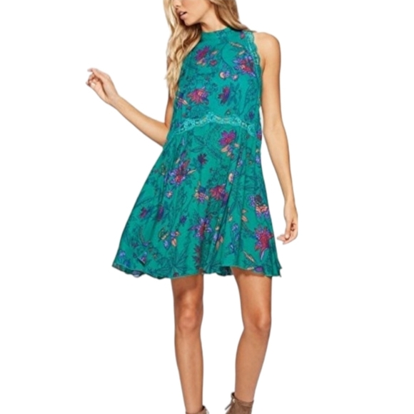 Free People Womens Teal Tropical Floral Chemise Slip Dress Size S.P - Picture 2 of 11